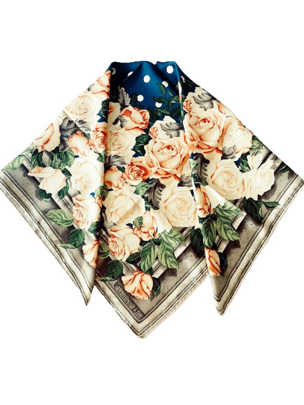 Vintage Christian Silk Scarf with Roses & Polka Dots